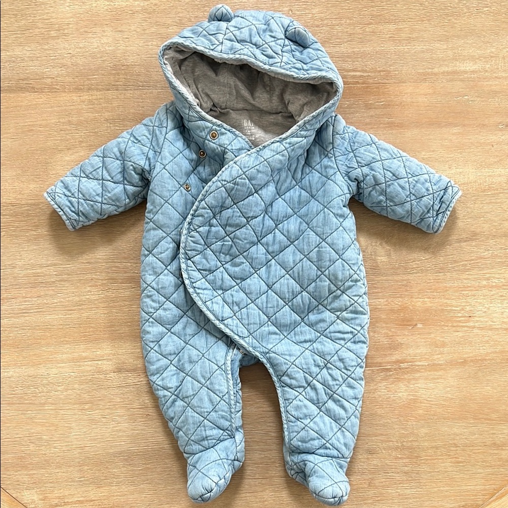 GAP Baby Quilted Light Blue Hooded Footed One-Piece